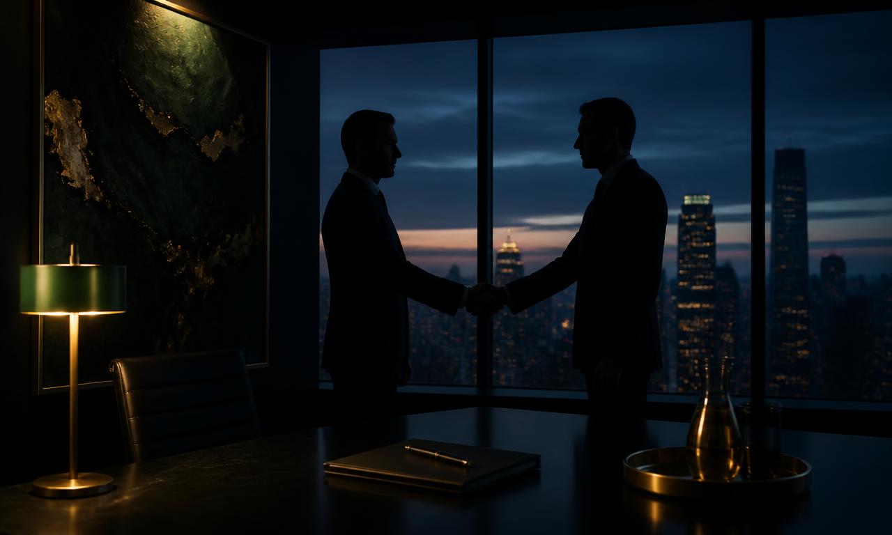 Client meeting over a city skyline